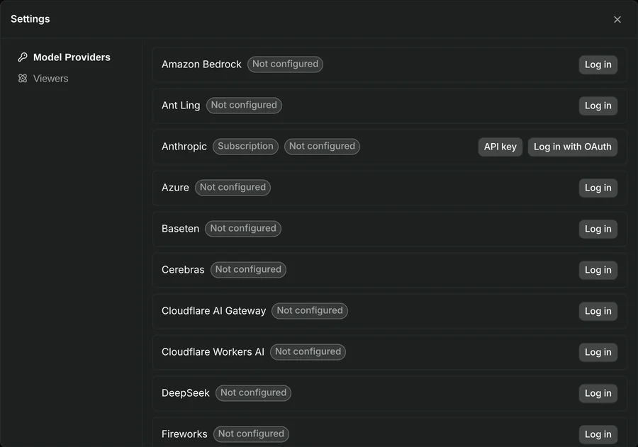 Settings dialog listing model providers such as Amazon Bedrock, Anthropic, Azure and DeepSeek, with buttons to log in with an API key or a subscription.