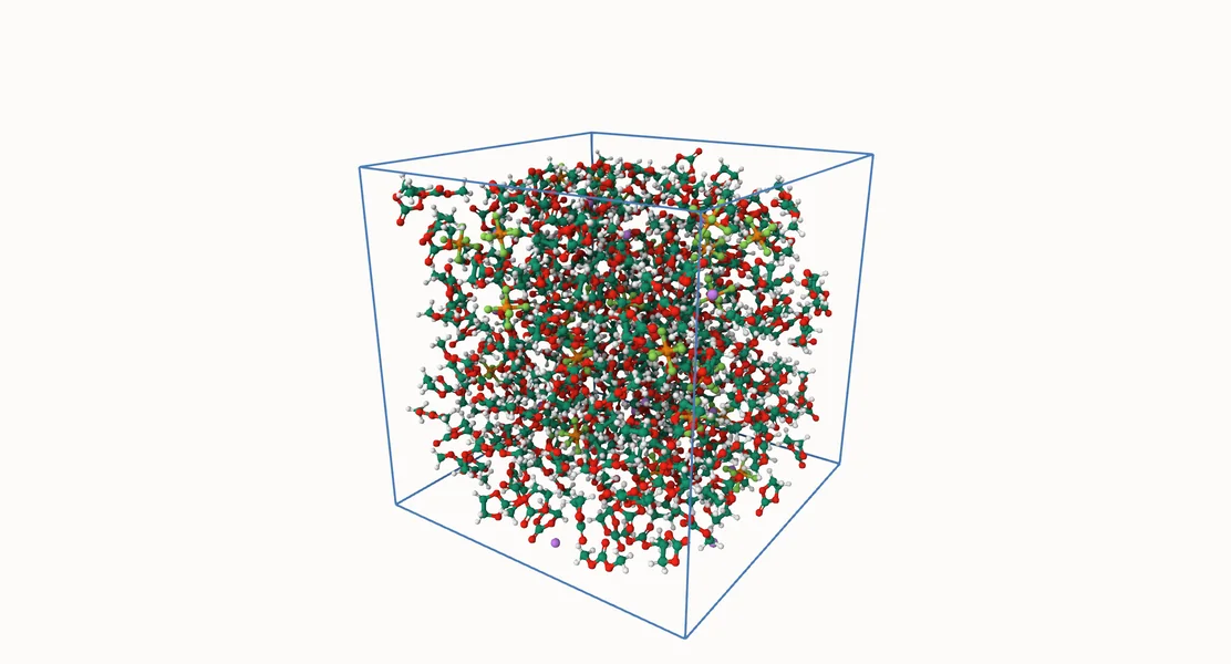 Periodic box of a lithium-ion battery electrolyte: ethylene carbonate and dimethyl carbonate molecules with lithium and hexafluorophosphate ions, in ball-and-stick.