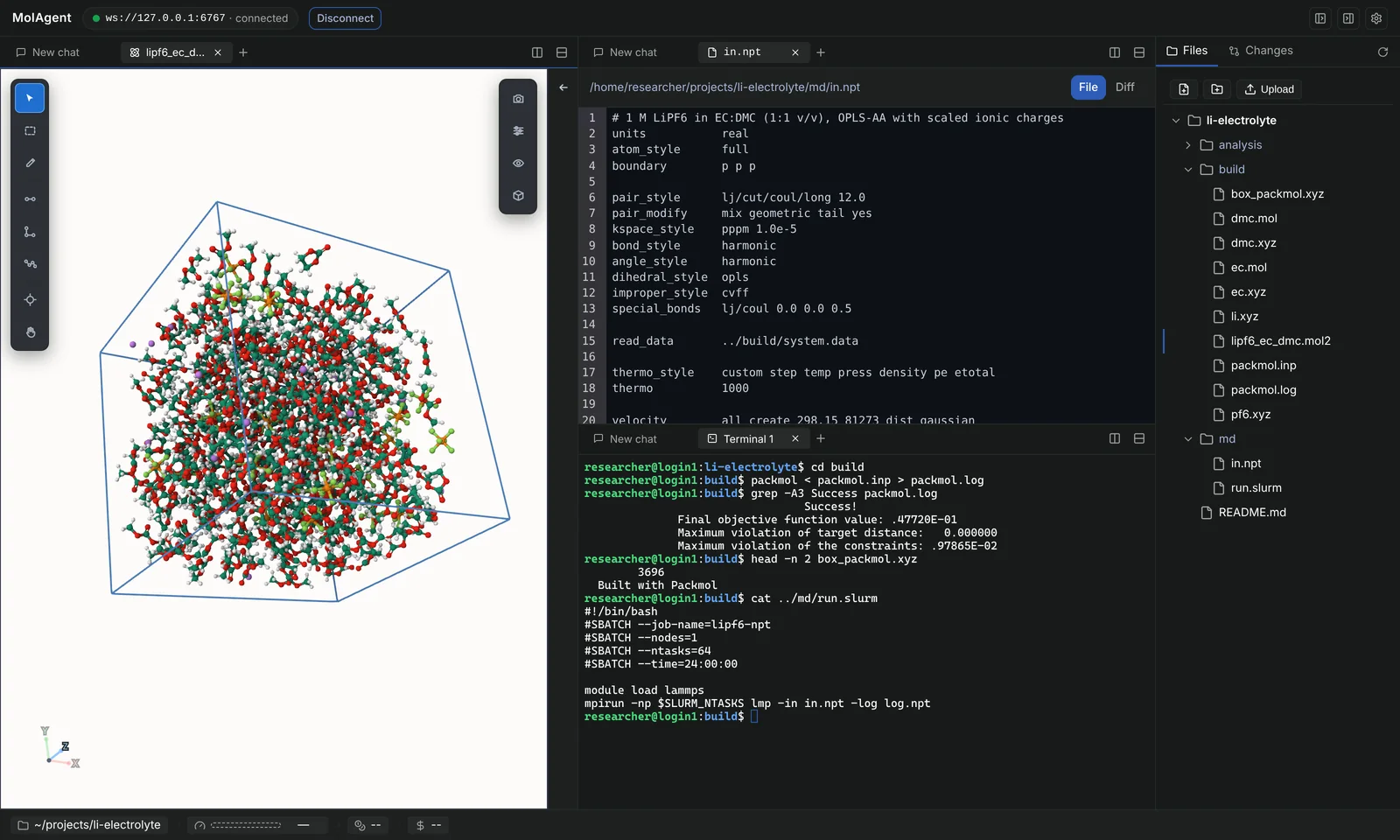 MolAgent workspace in a browser with three panes: a periodic box of a lithium-ion electrolyte in the 3D viewer, the LAMMPS input file for its equilibration, and a terminal where Packmol has built the box, next to the project file tree.